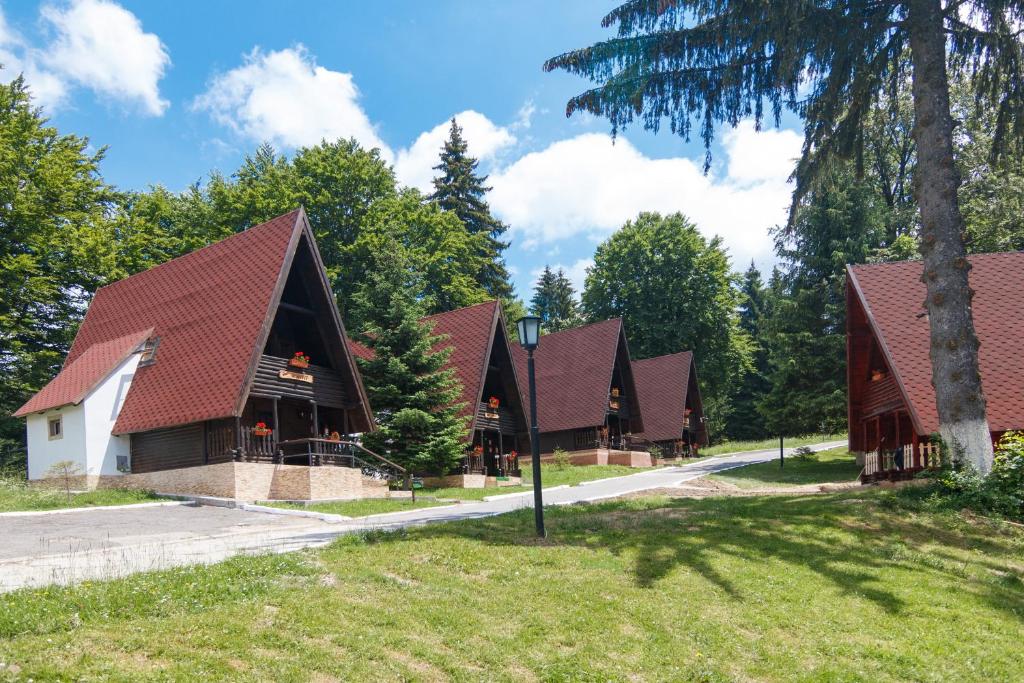 eine Reihe von Häusern mit roten Dächern in der Unterkunft Centrul de Echitatie Poiana Brasov in Poiana Brașov