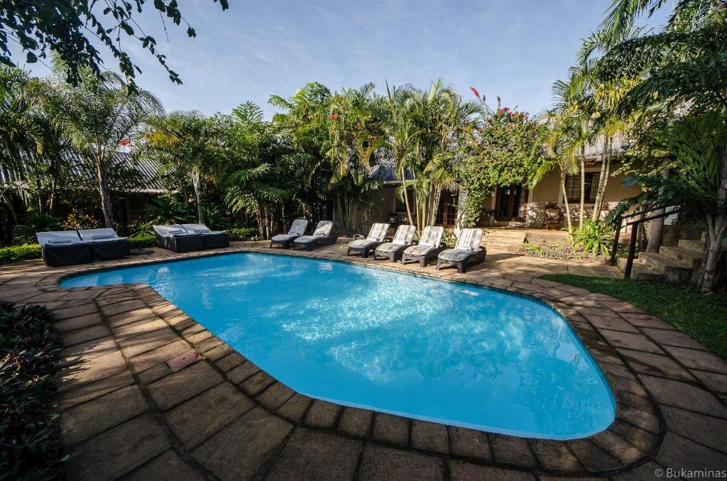 einen Pool im Garten mit Stühlen und Bäumen in der Unterkunft Lidiko Lodge in St Lucia