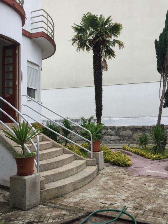 a palm tree in front of a house with stairs at Hospedaria do Seixo in Porto