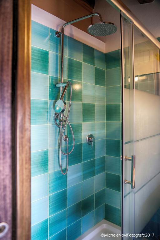 a bathroom with a shower with blue tiles at La Casa di Ivana in San Nicola Arcella