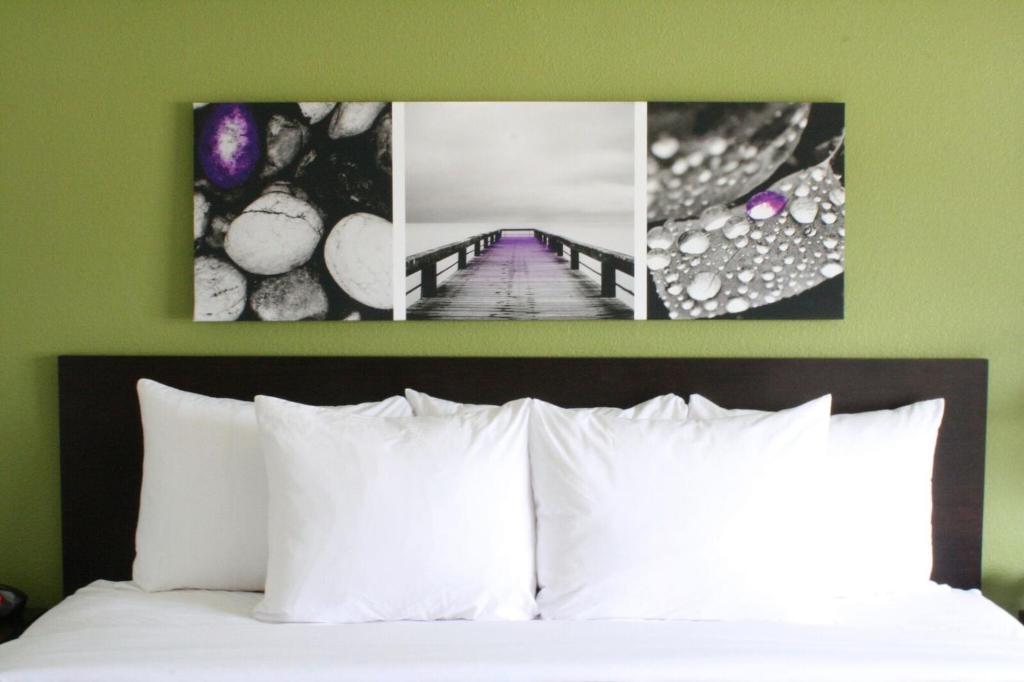 a hotel room with a bed and a picture of a bridge at Sleep Inn & Suites Galion in Galion