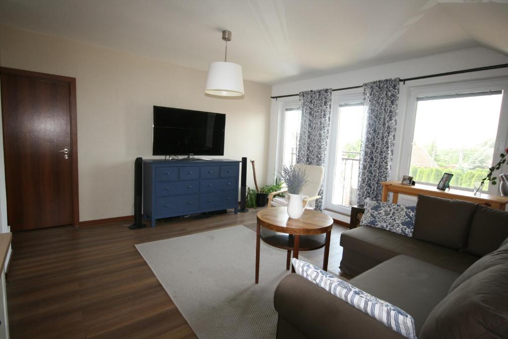 a living room with a couch and a tv at Walnut apartment with sauna and pond in Topoľčany