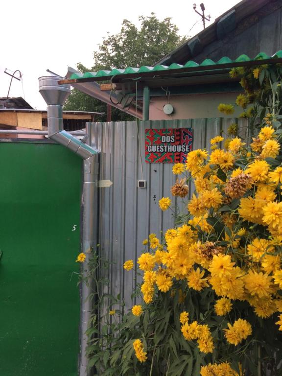 un ramo de flores amarillas junto a una valla en Dos Guesthouse, en Bishkek