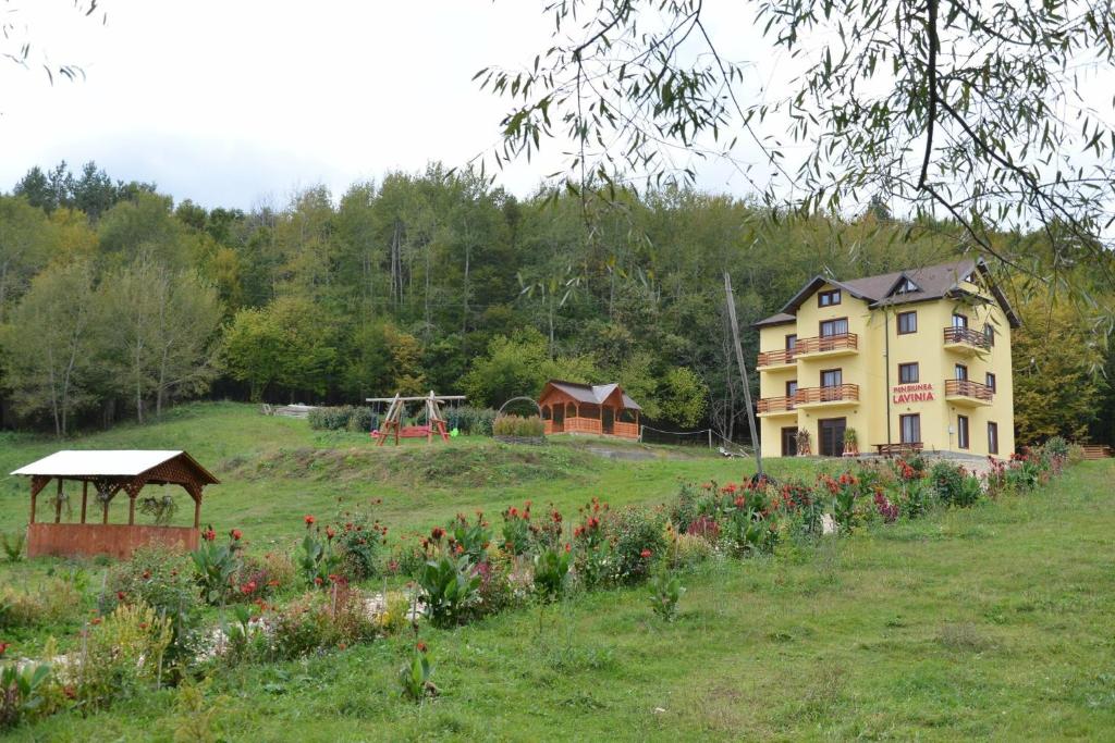 ein Haus auf einem Hügel mit Garten und Spielplatz in der Unterkunft Pensiunea Lavinia in Calvini