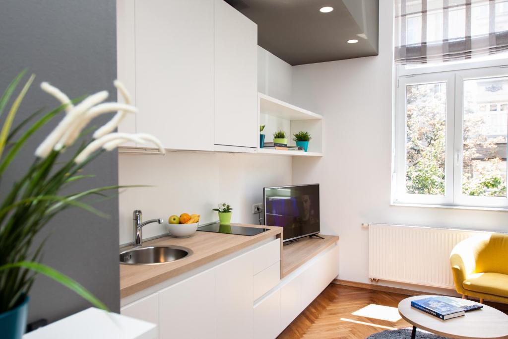 Kuchyň nebo kuchyňský kout v ubytování LOOX apartments Hatzova