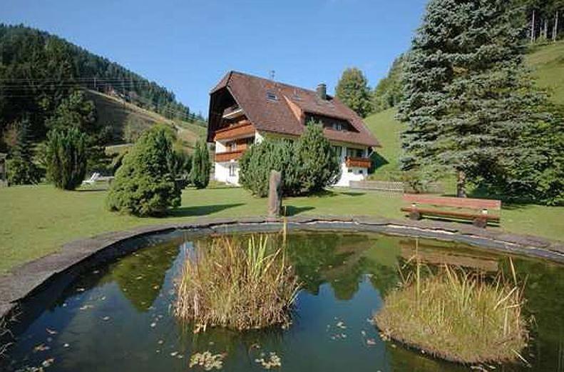 a house with a pond in front of a house at Gästehaus Absbachtal in Bad Rippoldsau-Schapbach