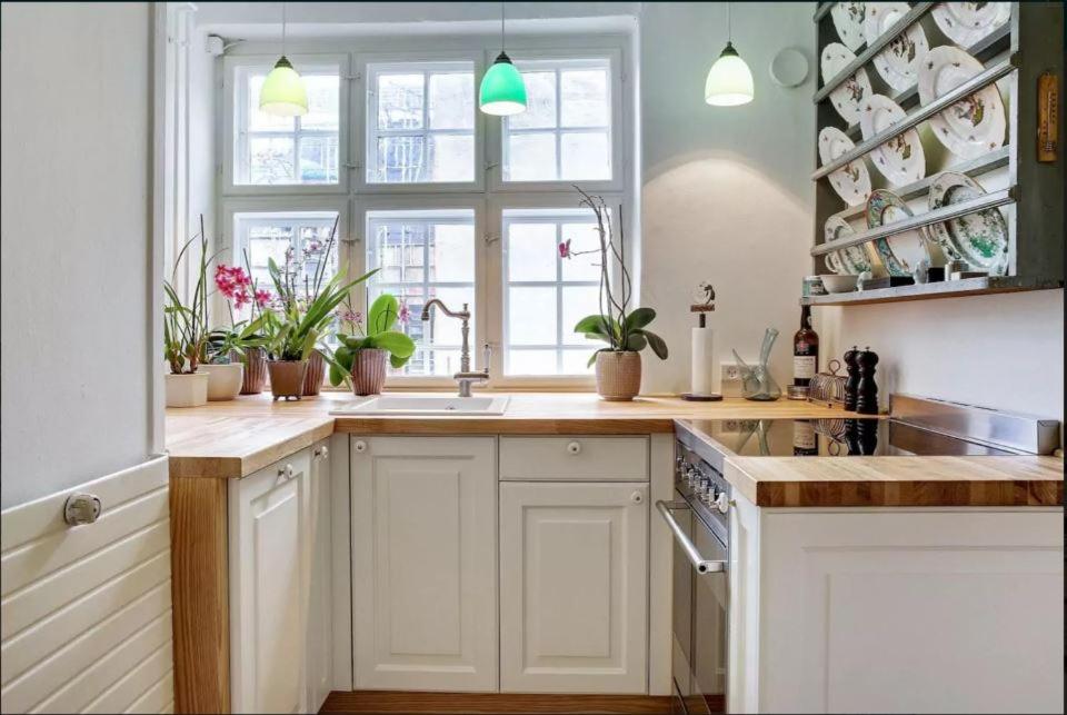 哥本哈根的住宿－Central Danish apartment，厨房配有白色橱柜、水槽和窗户。