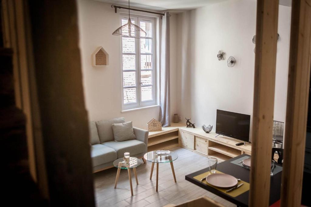 a living room with a couch and a tv at De briques et de bois in Albi