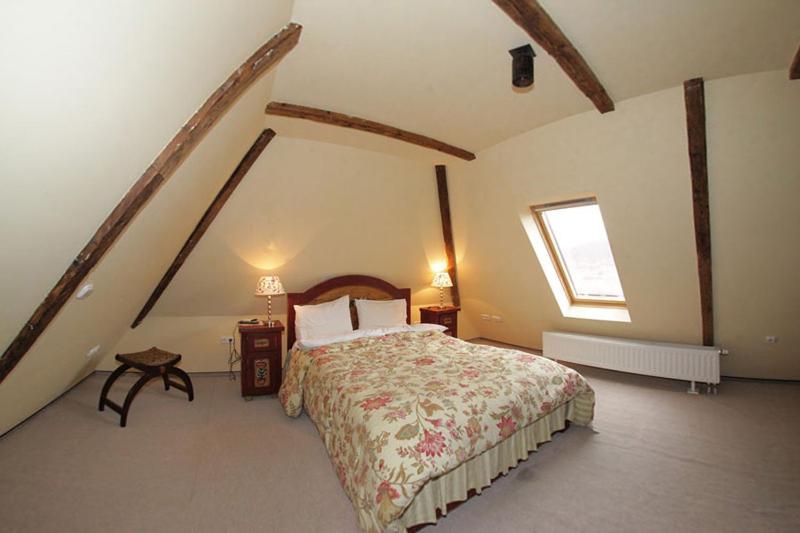a bedroom with a large bed in a attic at Pensiune Citadela Sighisoara in Sighişoara