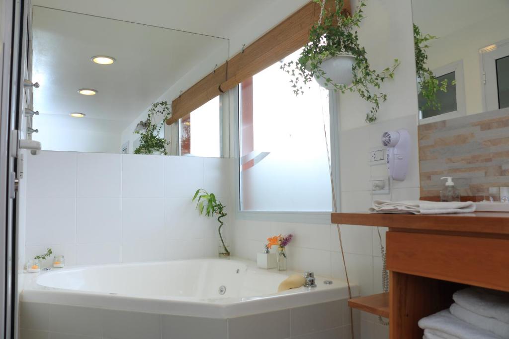 a bathroom with a tub and a large mirror at Los Cuatro Vientos Suite in Trevelín