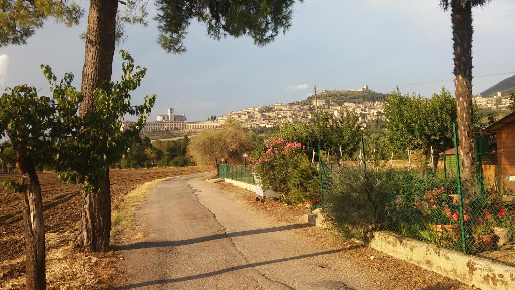 eine unbefestigte Straße mit einer Stadt im Hintergrund in der Unterkunft camere Rosignoli in Assisi