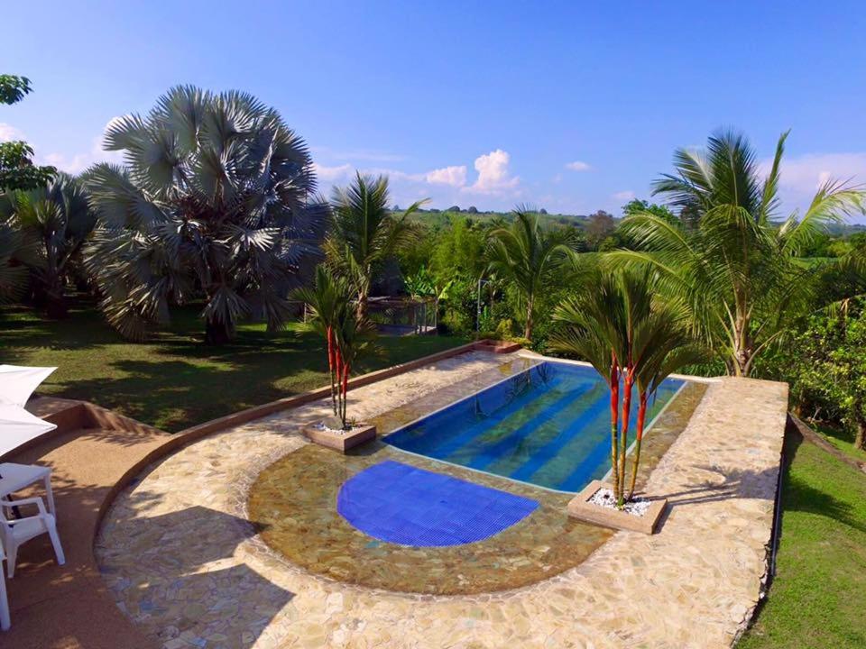 a swimming pool in a yard with palm trees at Casa de Campo Sao Paulo in La Tebaida