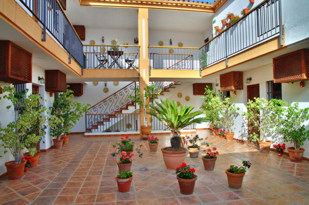 un cortile con piante in vaso e scale in un edificio di Hotel Posada Casas Viejas a Benalup-Casas Viejas
