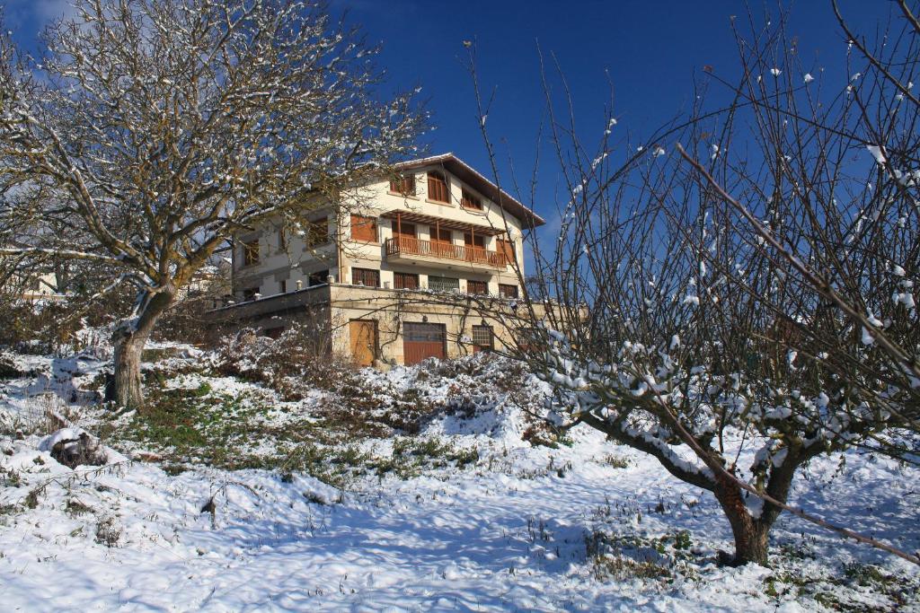 a building on a snowy hill with trees in the foreground at Elai Etxea Loft Baias in Pobes