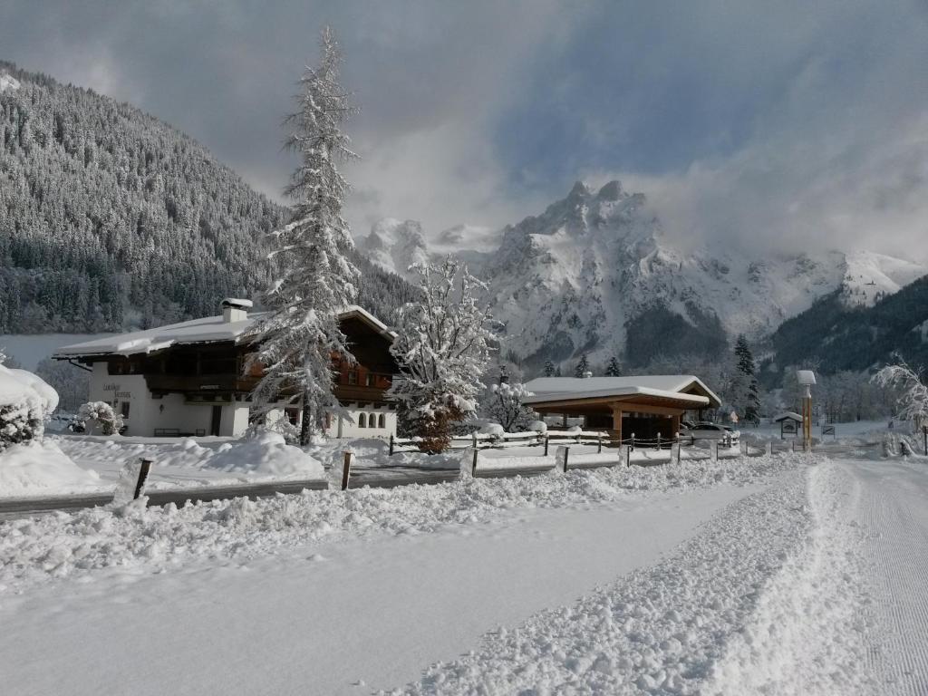 Cabaña cubierta de nieve con una montaña cubierta de nieve en Landhaus Salzburg, en Werfenweng
