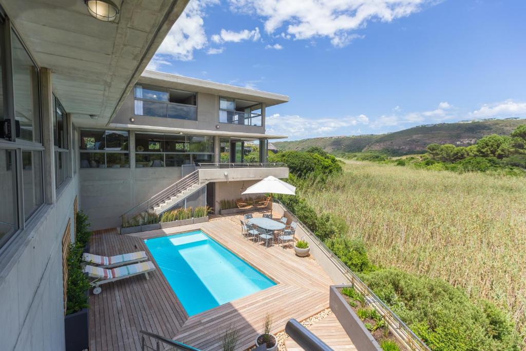 an aerial view of a house with a swimming pool at Red Box Villa in Plettenberg Bay