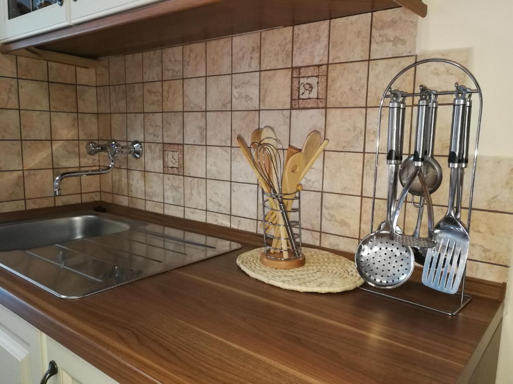 encimera de cocina con fregadero y algunos utensilios en Hiša Kranjc en Kobarid