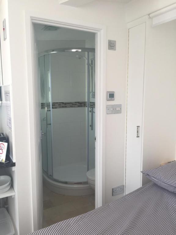 a bathroom with a shower and a toilet at The Retreat in Charmouth