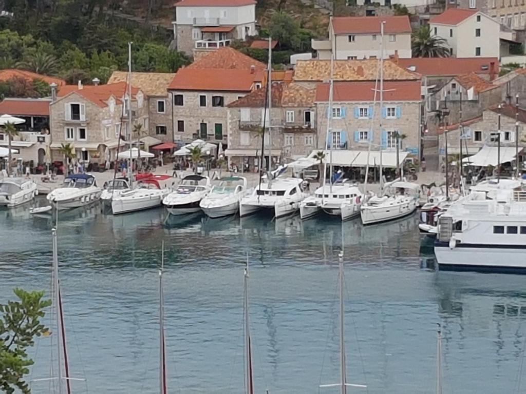 a group of boats docked in a harbor with buildings at Villa Riva in Jelsa