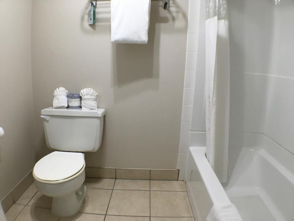 a white bathroom with a toilet and a shower at Pea Soup Andersen's Inn in Buellton