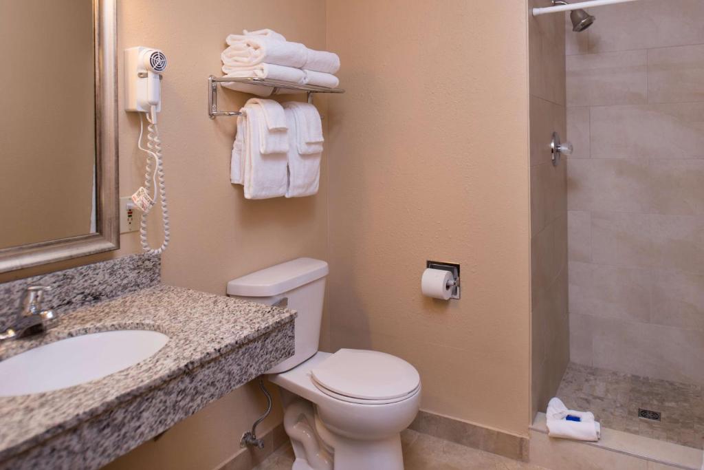 a bathroom with a toilet and a sink with towels at Best Western Ambassador Inn & Suites in Wisconsin Dells