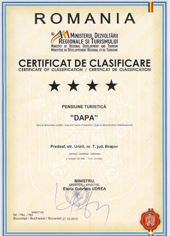 Certifikát, hodnocení, plakát nebo jiný dokument vystavený v ubytování Pensiunea Dapa