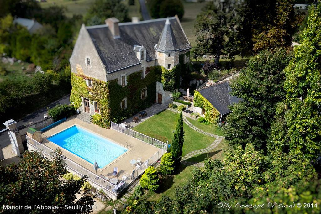 Seuilly的住宿－聖阿布耶莊園旅館，享有带游泳池的房屋的空中景致