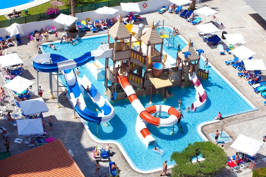 an overhead view of an indoor water park at Hotel Rosamar in Benidorm