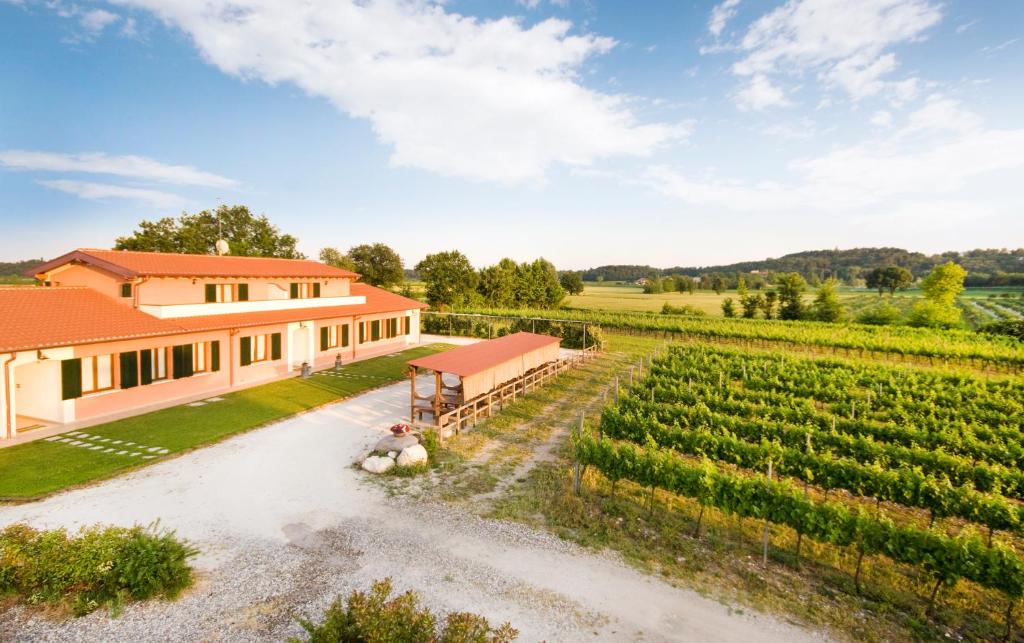 an aerial view of a house and a vineyard at Agriturismo Cascina Roveri in Monzambano