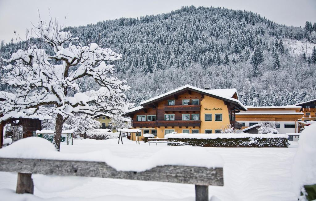 ein schneebedecktes Gebäude vor einem Berg in der Unterkunft Haus Austria in Flachau