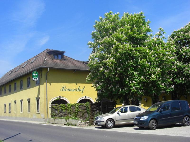 two cars parked in front of a yellow building at Remserhof in Sankt Valentin