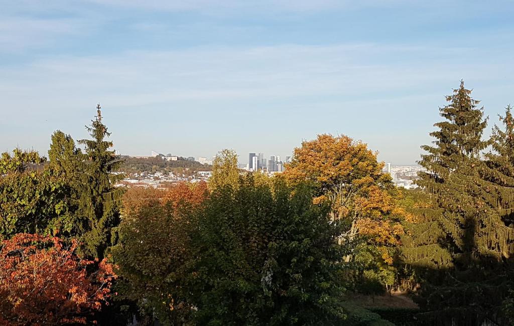 un groupe d'arbres avec une ville en arrière-plan dans l'établissement Appartement Meublé, à Garches