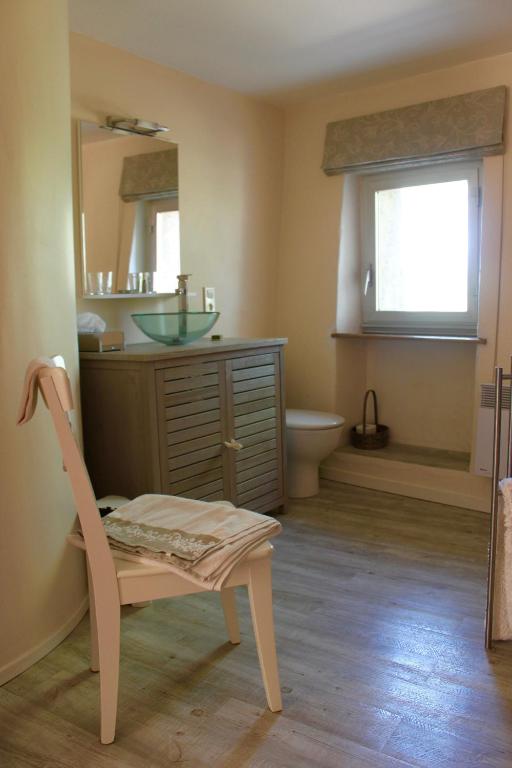 La salle de bains est pourvue d'un lavabo, de toilettes et d'une chaise. dans l'établissement Mas de la Gonnette, à Venasque