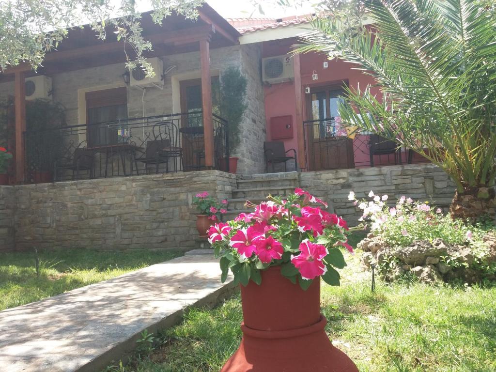 a pot of flowers in front of a house at Studios Elianthos in Skala Kallirachis