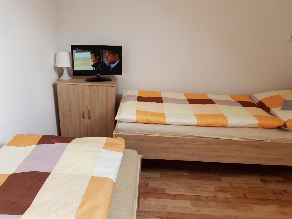 a room with two beds and a tv on a wall at Ubytování Žižkova Pacov in Pacov