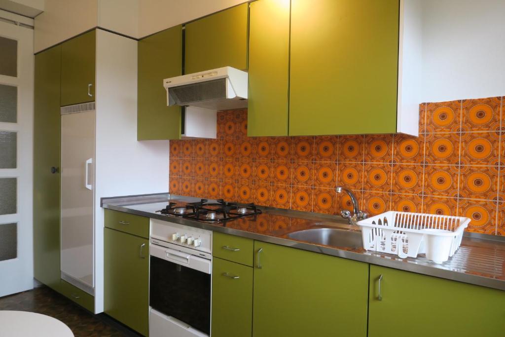 uma cozinha com armários verdes e uma pia em Zurich Furnished Apartments em Zurique