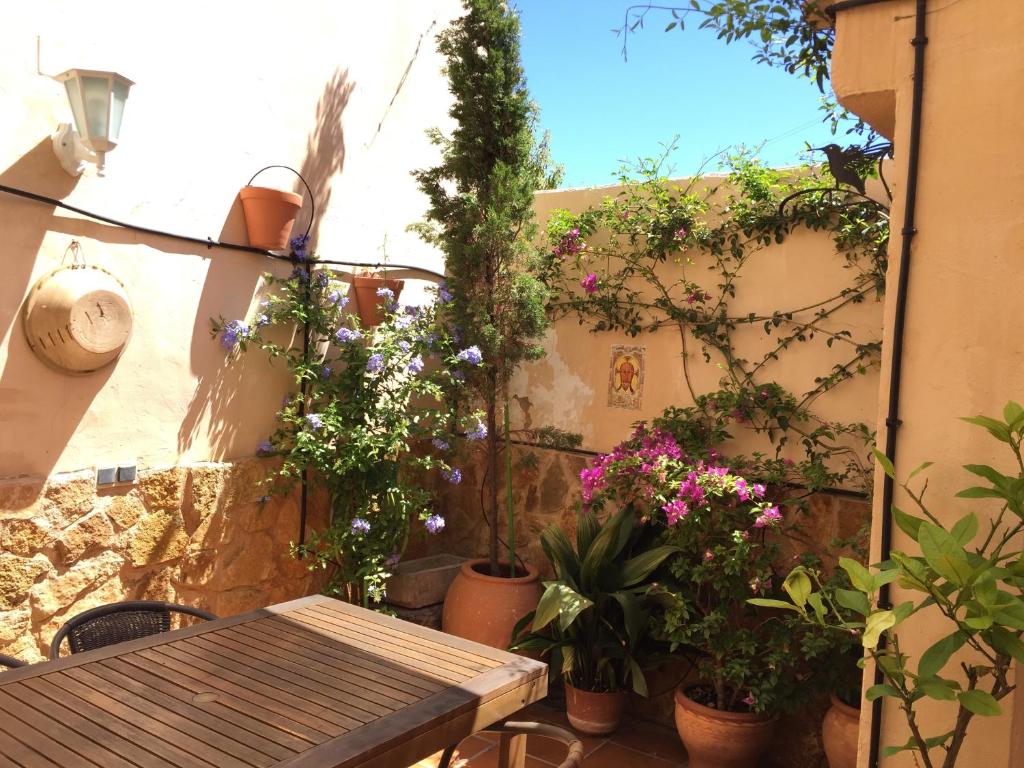 ブソットにあるLa Xaqueraの鉢植えの植物と木製テーブルのあるパティオ