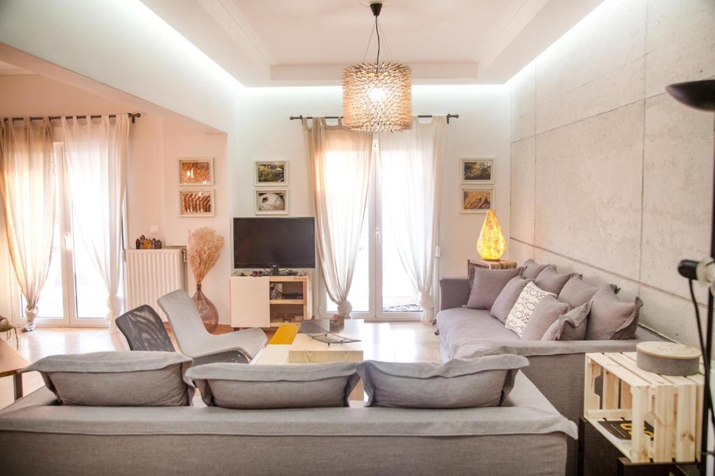 salon z kanapą i telewizorem w obiekcie The Grove House w Atenach