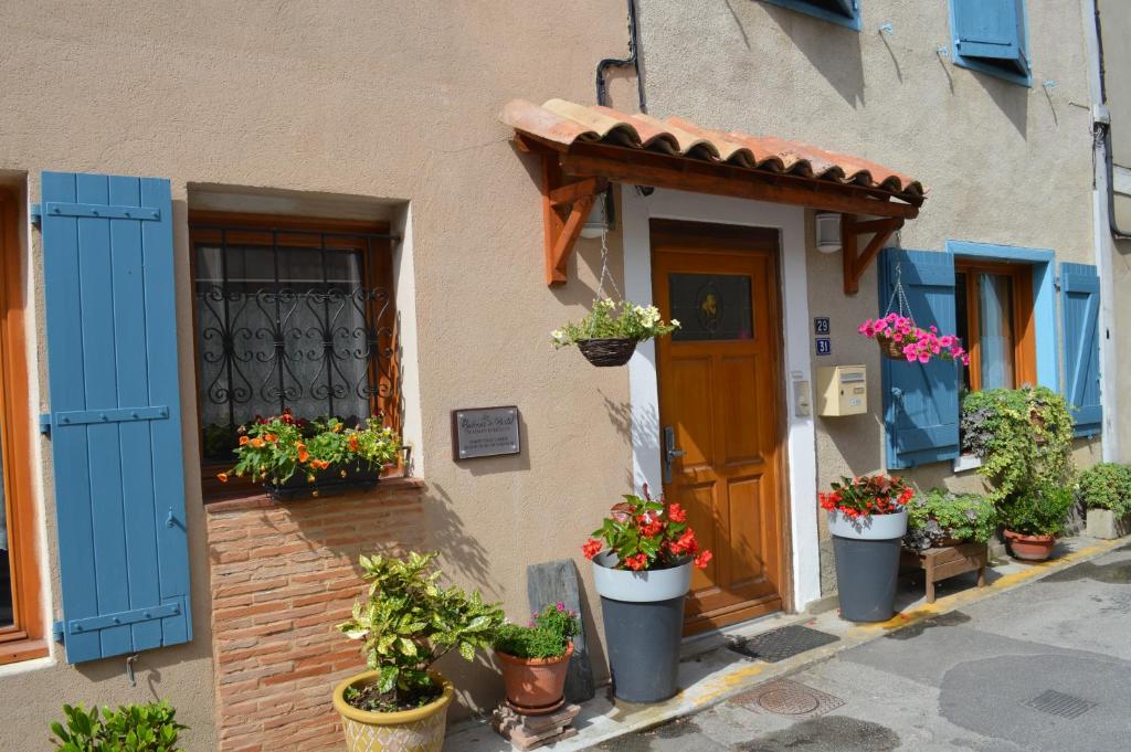 una casa con puertas azules y macetas en ella en Les Balcons du Pastel, en Puylaurens