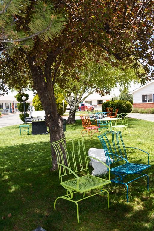 two chairs sitting in the grass under a tree at Retro Inn at Mesa Verde in Cortez
