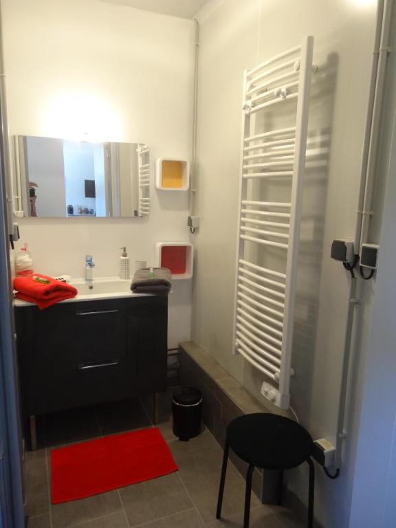 y baño con lavabo y ducha con espejo. en Le Studio, en Saint-Aignan-Grand-Lieu