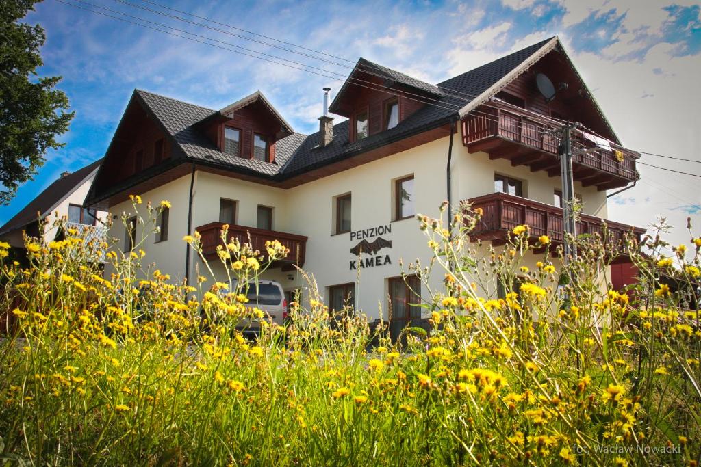 una casa con muchas flores amarillas delante de ella en Penzión Kamea en Ždiar