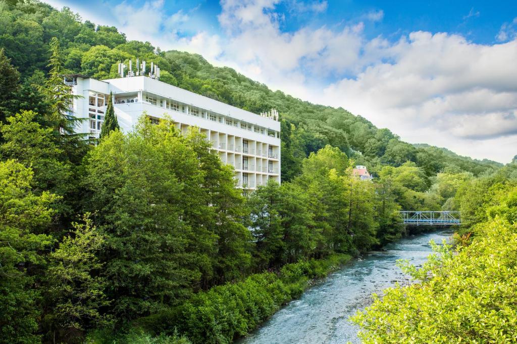 ソチにあるSanatorium Mys Vidny Building Arenaの木々が茂る川の隣の建物