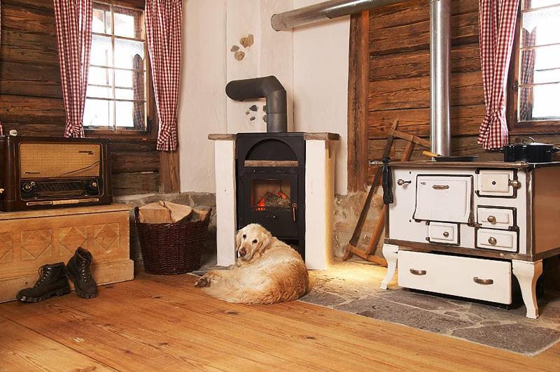 un chien assis à même le sol devant un poêle dans l'établissement Hütte Almrausch, à Oberstdorf