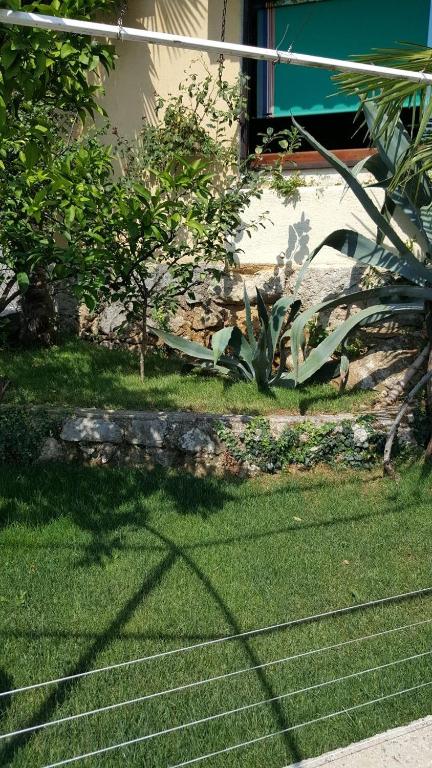 a yard with green grass and a house at Apatmani Milena in Opatija