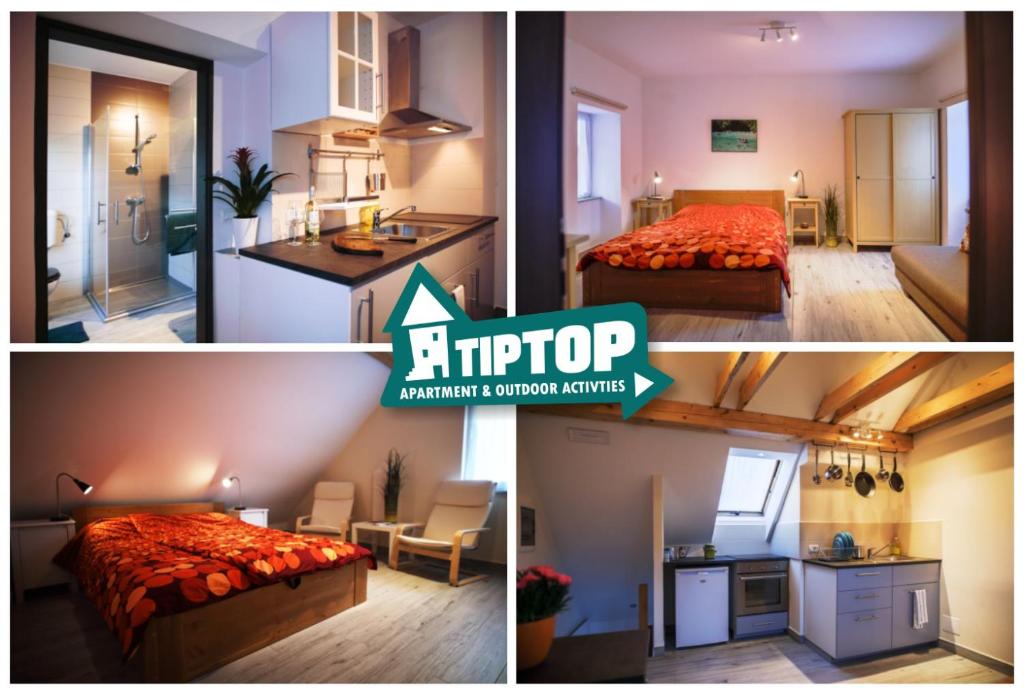 a collage of three pictures of a bedroom and a kitchen at Tiptop Apartment & Outdoor Activities in Bovec