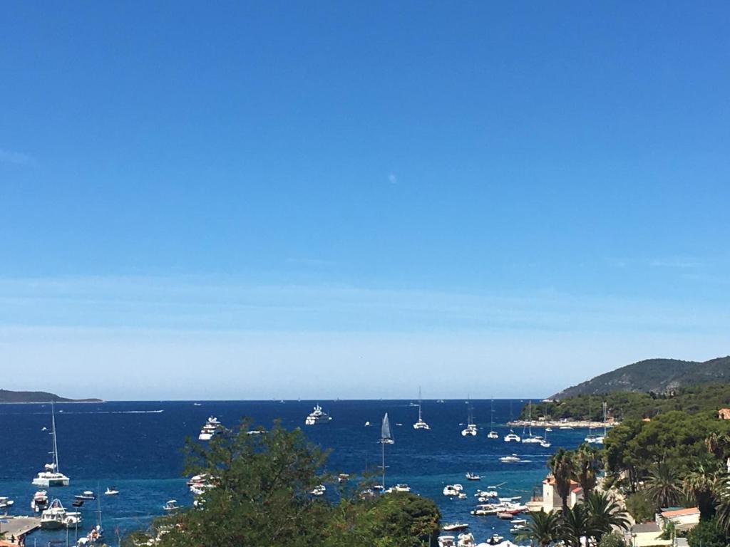 a view of a harbor with boats in the water at Villa Godinovic in Hvar