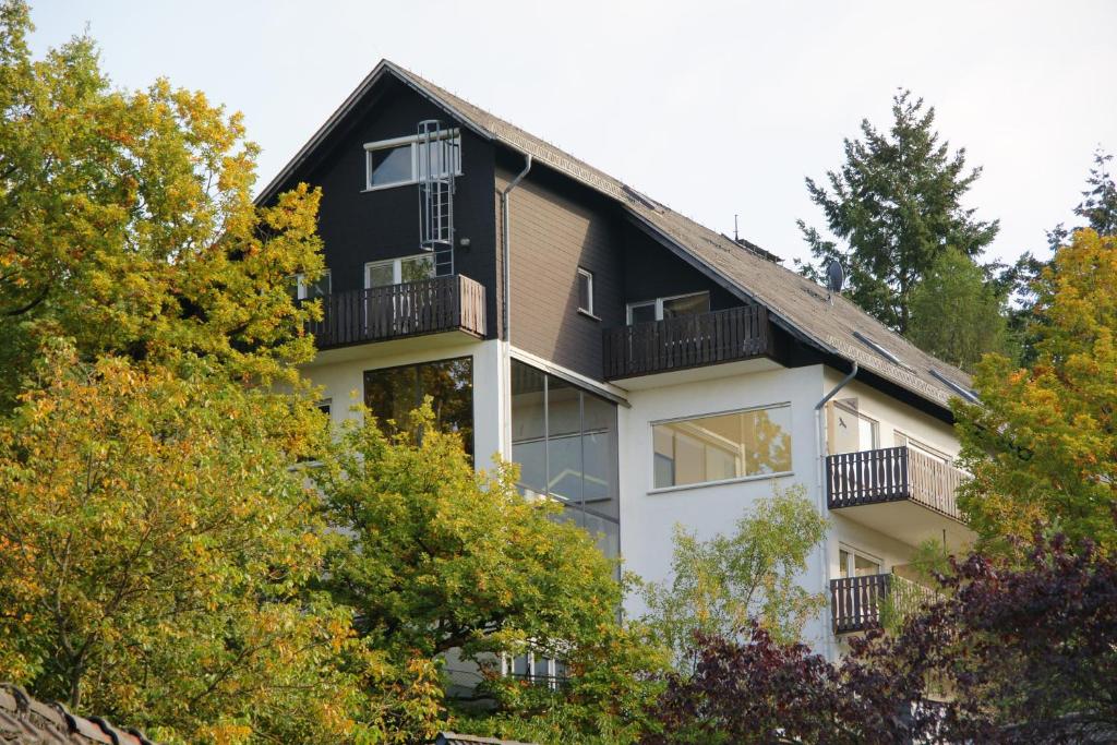 ein großes Haus mit Balkonen und Bäumen in der Unterkunft Seminarhaus am Liebfrauenberg in Haintchen