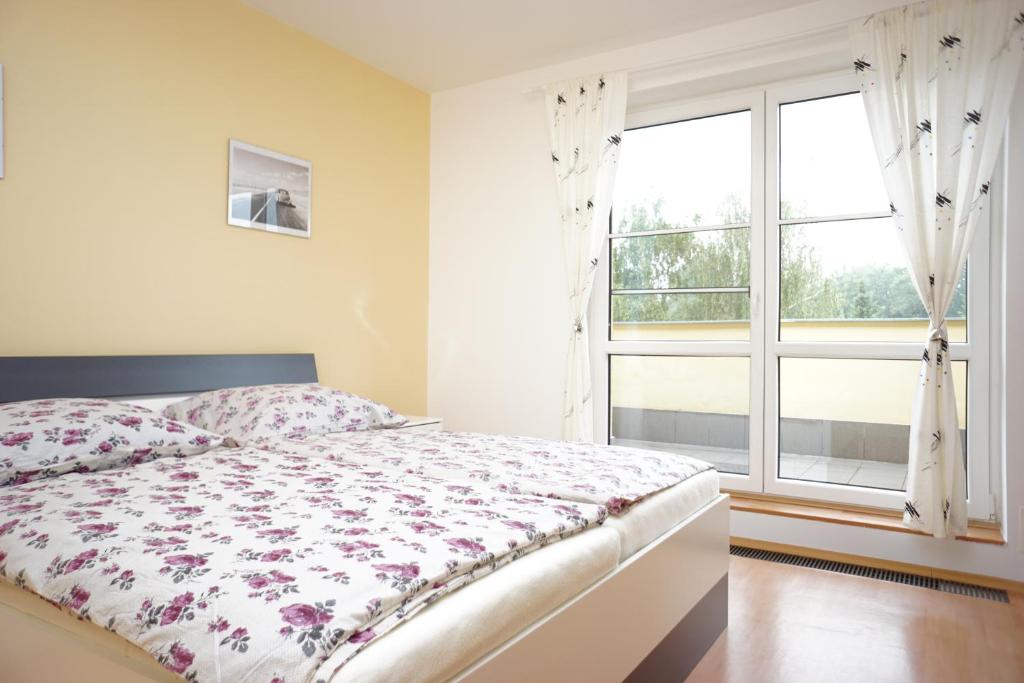 sypialnia z łóżkiem i dużym oknem w obiekcie Apartmá Kateřina Velké Losiny w mieście Velké Losiny