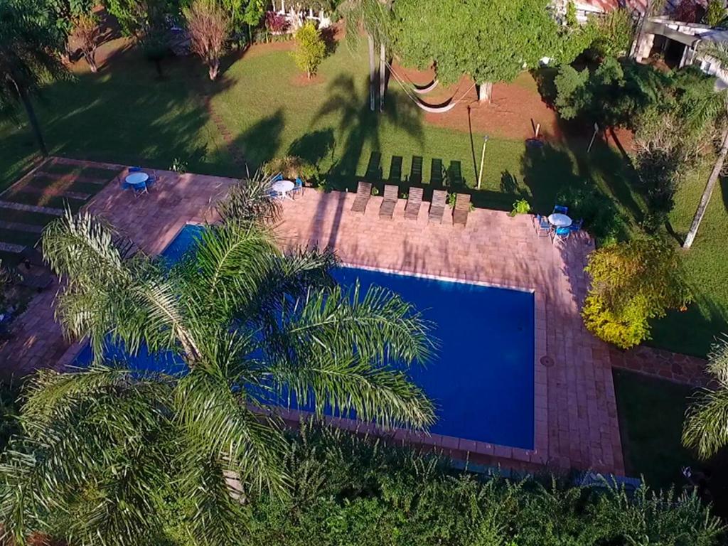 an overhead view of a swimming pool with palm trees at Sihostel in San Ignacio